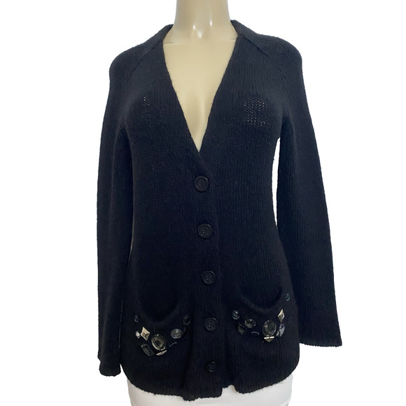 Tory Burch Black Cardigan Sweater Alpaca Wool Embellished Rhinestone V neck M - Picture 1 of 9